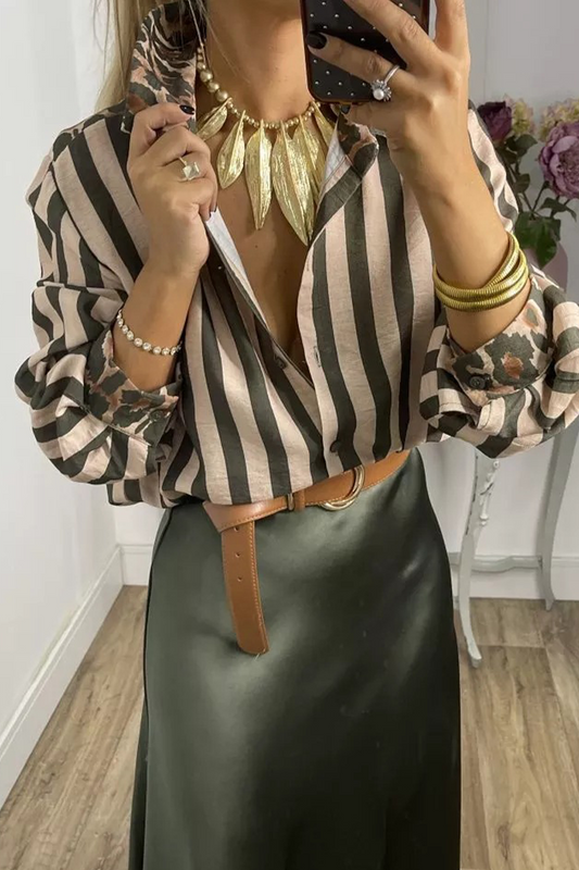 Blusas casuales con cuello camisero en contraste, con rayas y estampado de leopardo