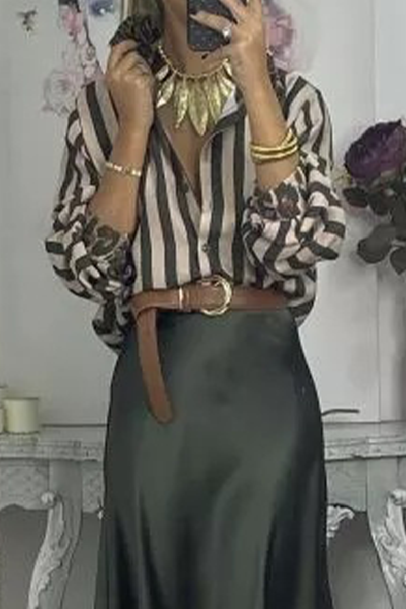 Blusas casuales con cuello camisero en contraste, con rayas y estampado de leopardo