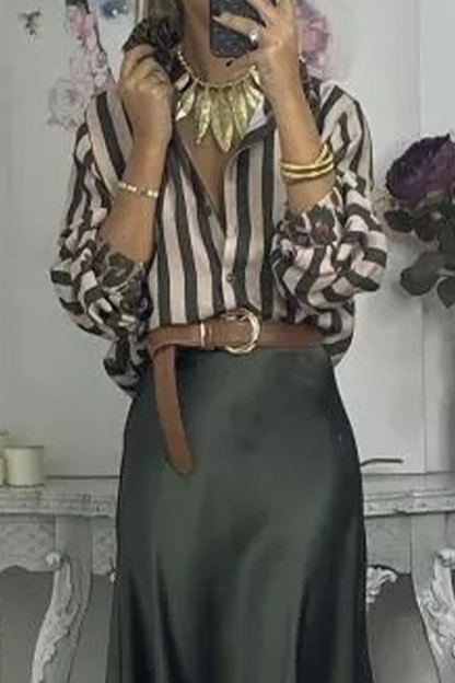 Blusas casuales con cuello camisero en contraste, con rayas y estampado de leopardo