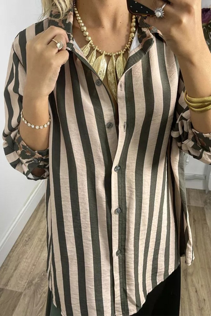 Blusas casuales con cuello camisero en contraste, con rayas y estampado de leopardo