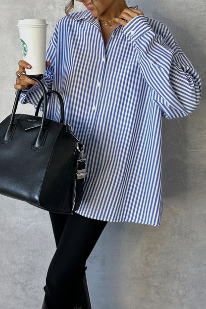Blusas casuales de rayas con botones y cuello vuelto