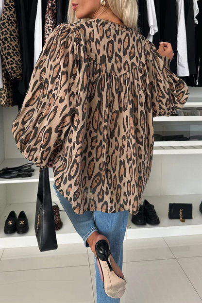 Blusas casuales con cuello redondo fruncido y botones de leopardo
