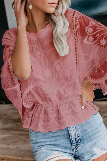Blusas casuales de encaje de color liso con cuello redondo (5 colores)