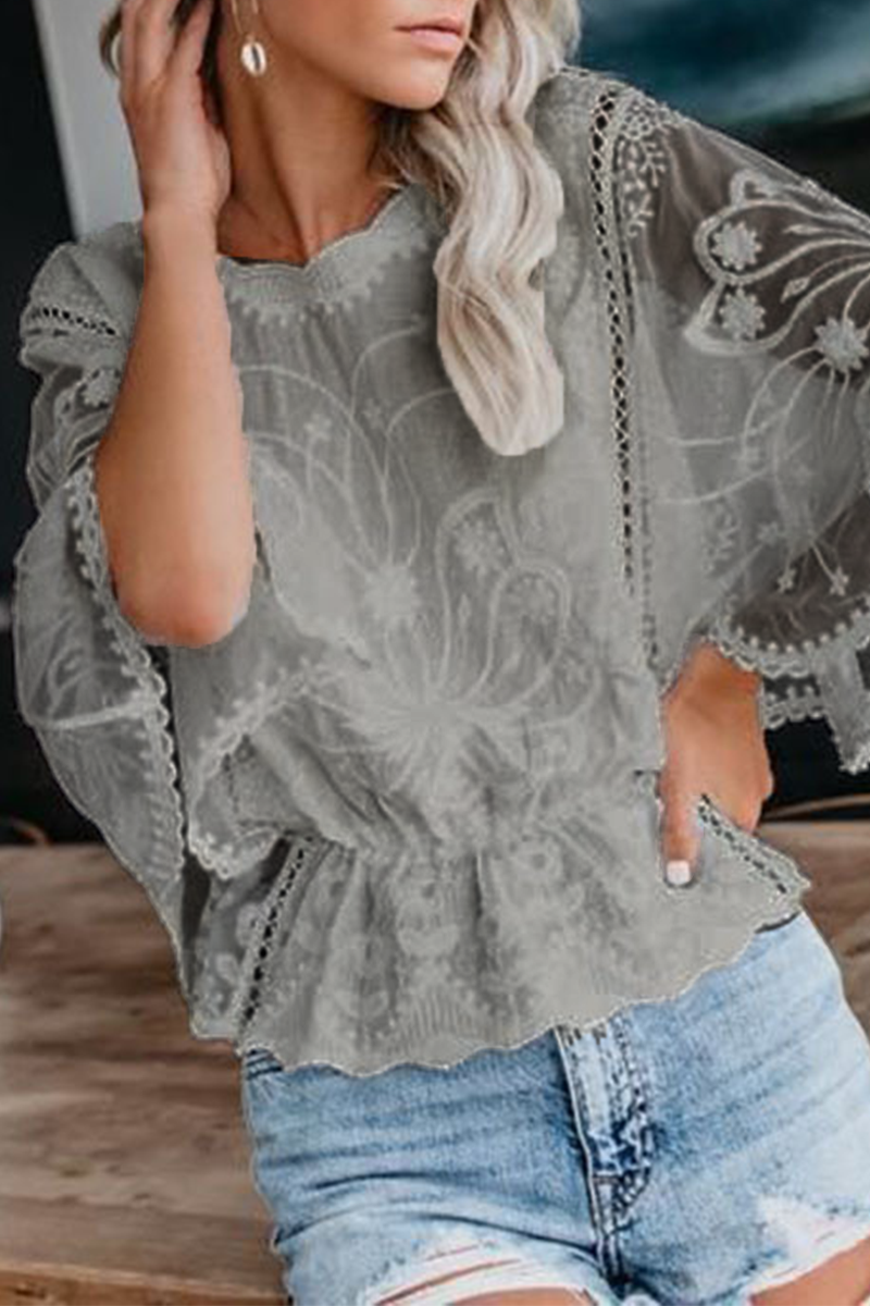 Blusas casuales de encaje de color liso con cuello redondo (5 colores)