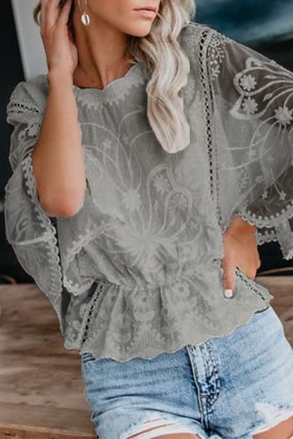 Blusas casuales de encaje de color liso con cuello redondo (5 colores)