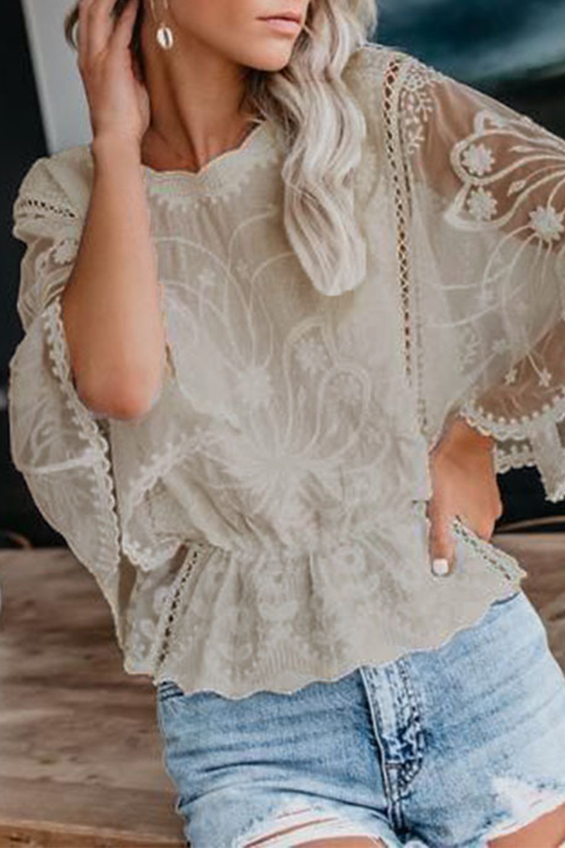 Blusas casuales de encaje de color liso con cuello redondo (5 colores)