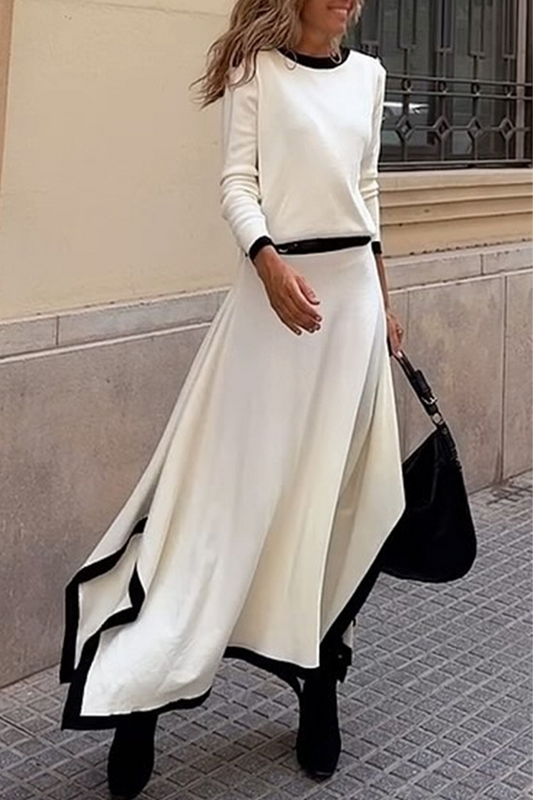 Conjunto informal de dos piezas con cuello redondo, manga larga y patchwork de color liso con contraste irregular