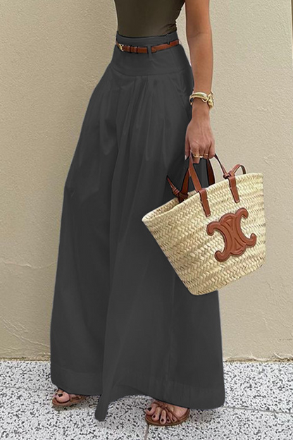 Pantalones casuales de cintura alta, holgados, con bolsillo y cinturón, con pierna ancha