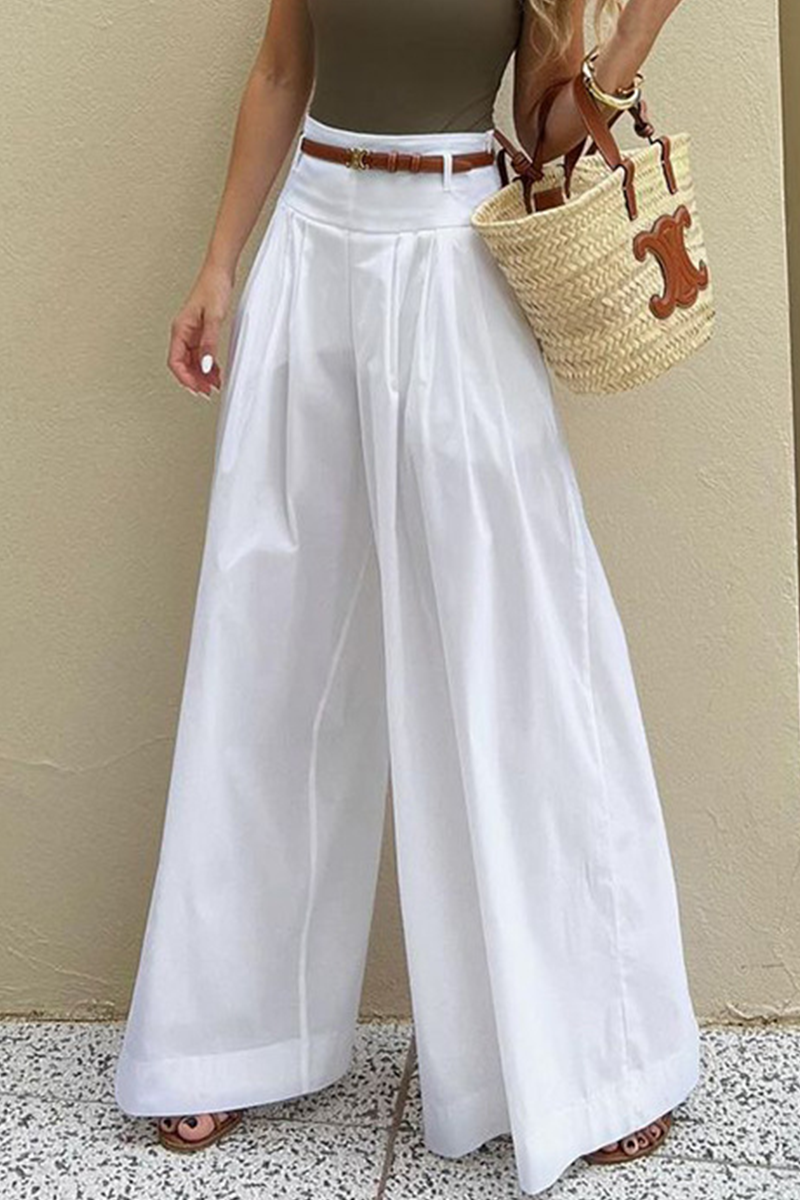 Pantalones casuales de cintura alta, holgados, con bolsillo y cinturón, con pierna ancha