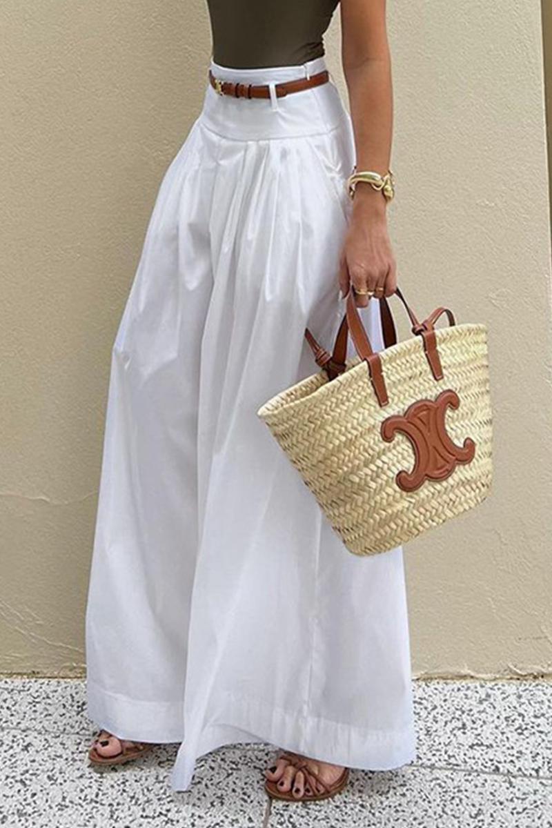 Pantalones casuales de cintura alta, holgados, con bolsillo y cinturón, con pierna ancha