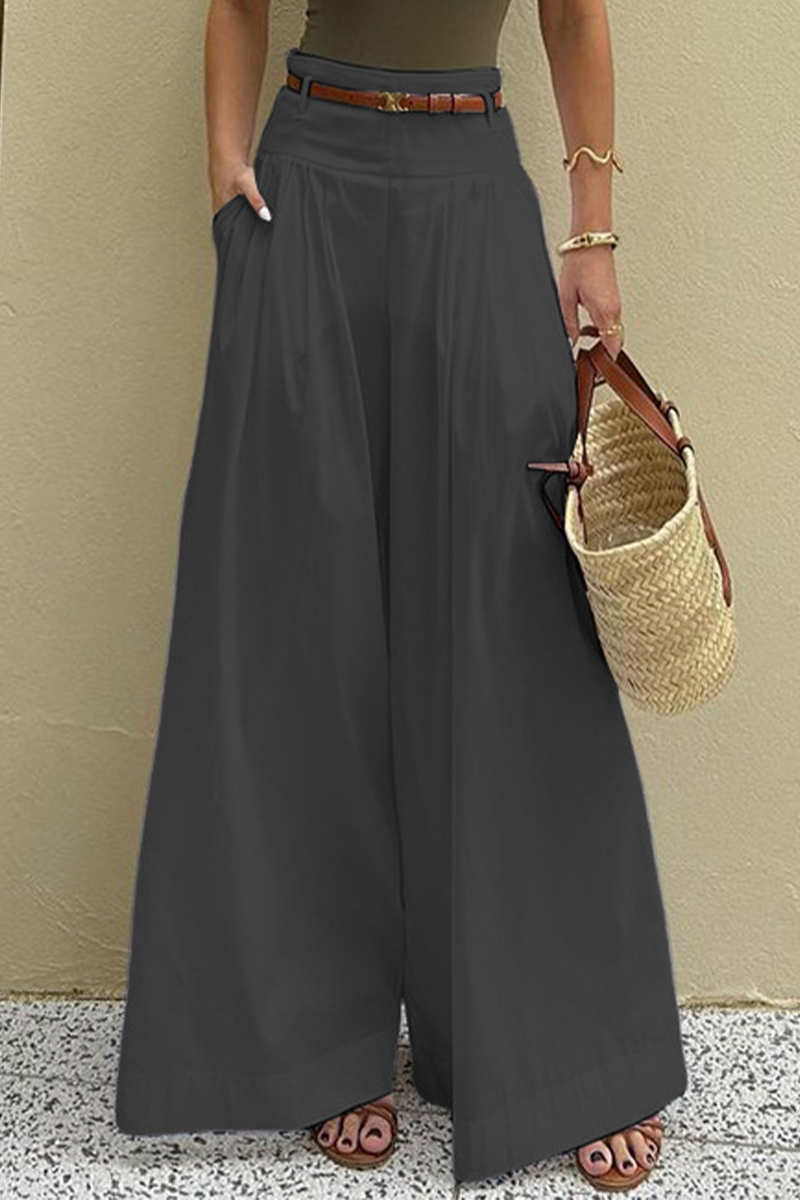 Pantalones casuales de cintura alta, holgados, con bolsillo y cinturón, con pierna ancha