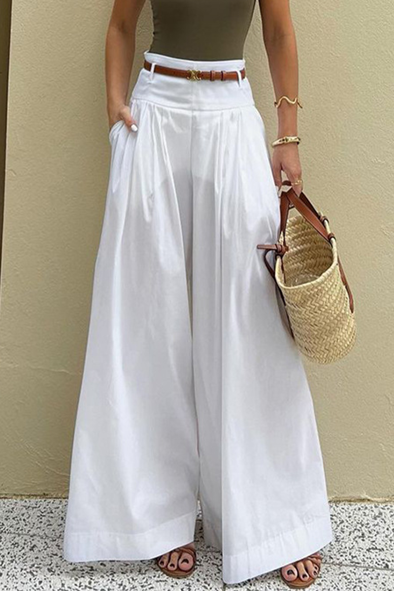 Pantalones casuales de cintura alta, holgados, con bolsillo y cinturón, con pierna ancha