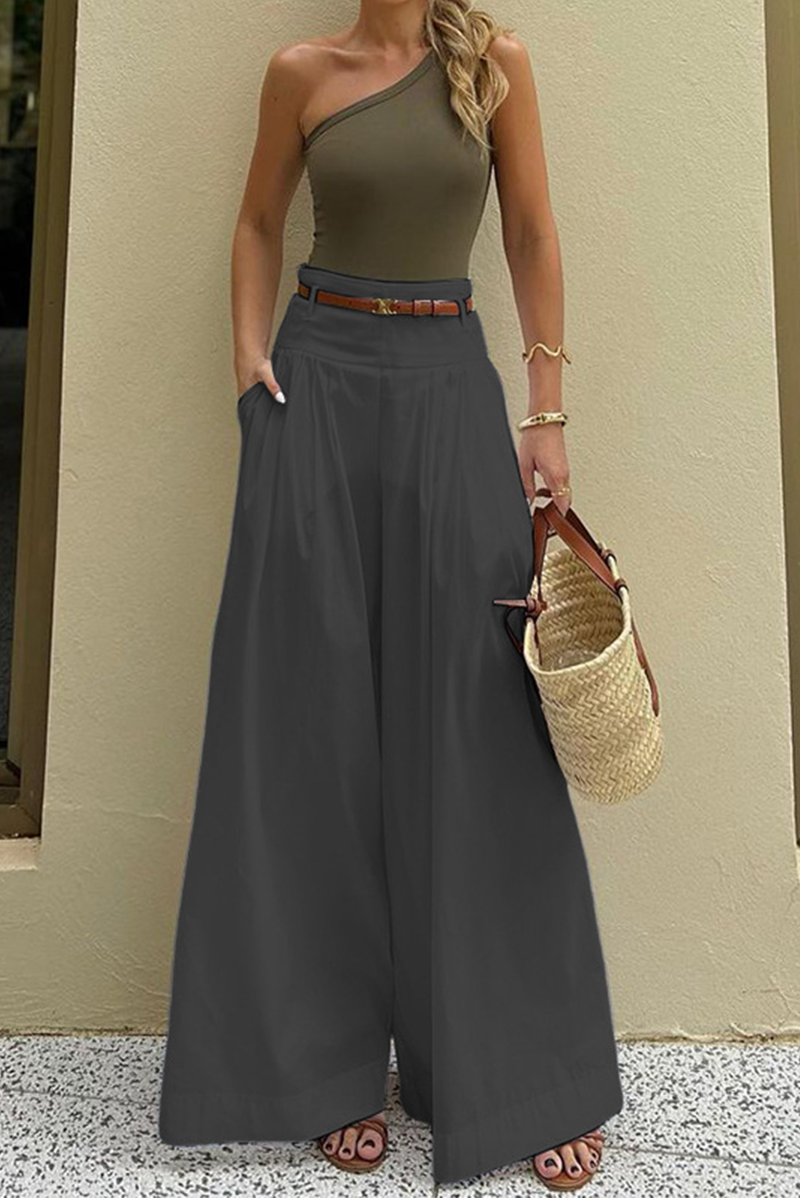 Pantalones casuales de cintura alta, holgados, con bolsillo y cinturón, con pierna ancha