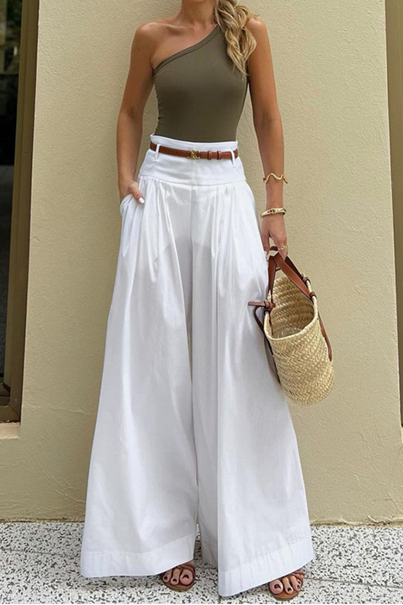 Pantalones casuales de cintura alta, holgados, con bolsillo y cinturón, con pierna ancha