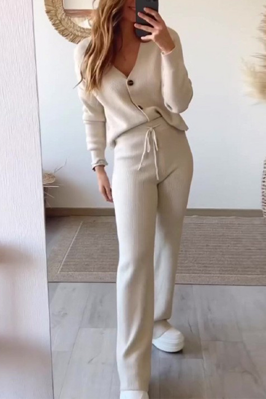 Conjunto informal de dos piezas con cuello en V, manga larga y botones con cordón para uso diario