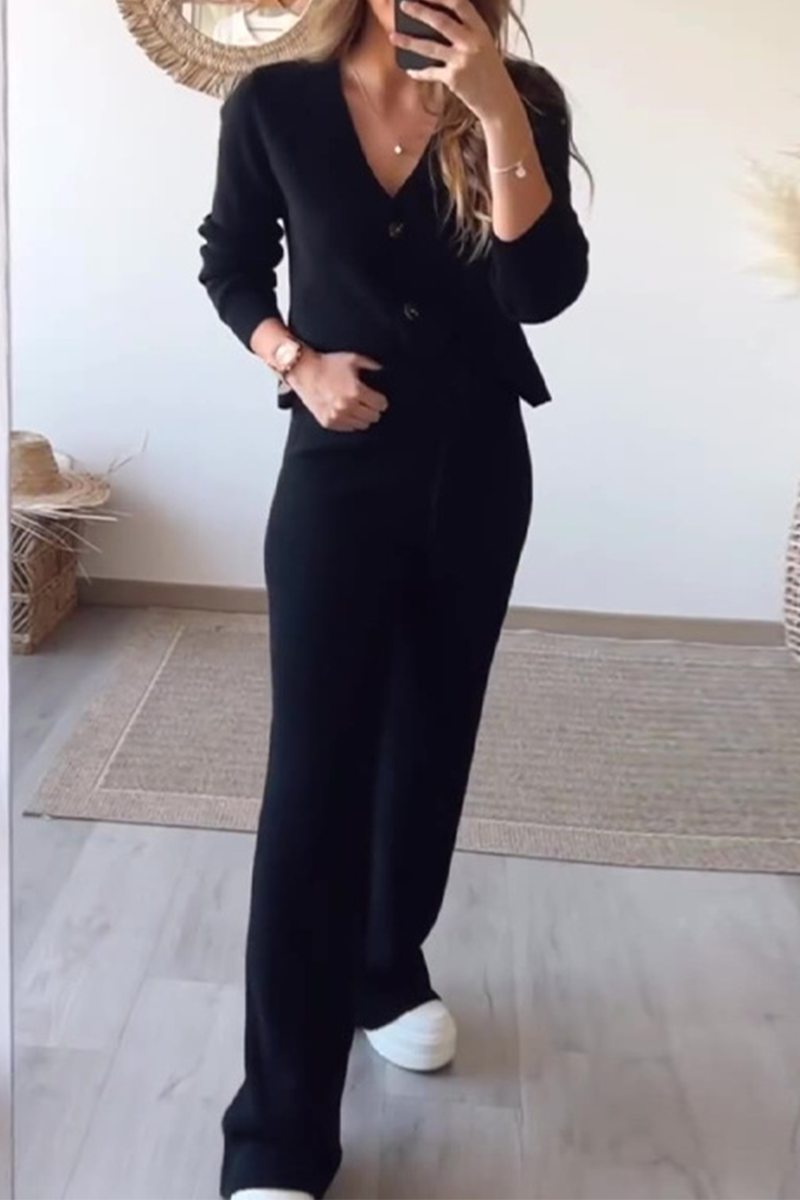 Conjunto informal de dos piezas con cuello en V, manga larga y botones con cordón para uso diario (4 colores)