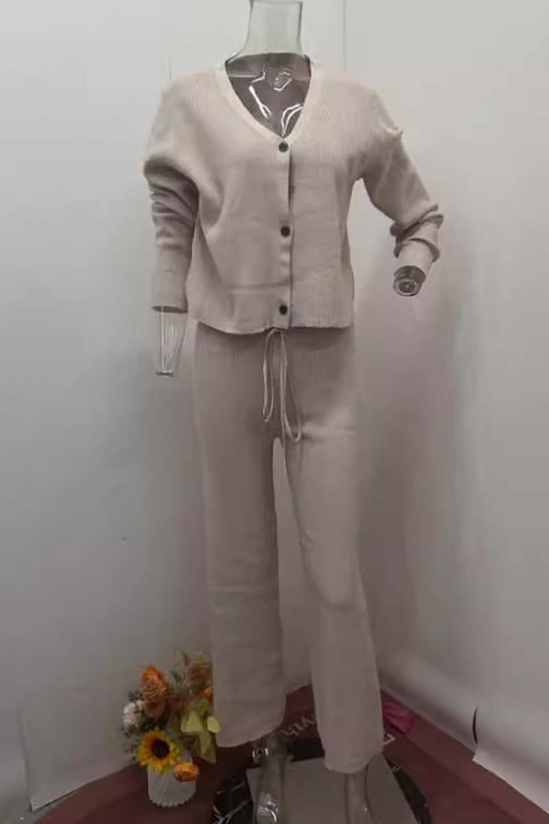 Conjunto informal de dos piezas con cuello en V, manga larga y botones con cordón para uso diario (4 colores)
