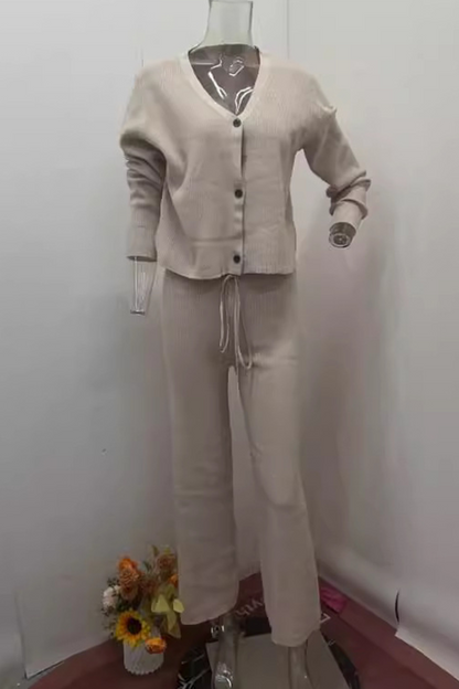 Conjunto informal de dos piezas con cuello en V, manga larga y botones con cordón para uso diario (4 colores)