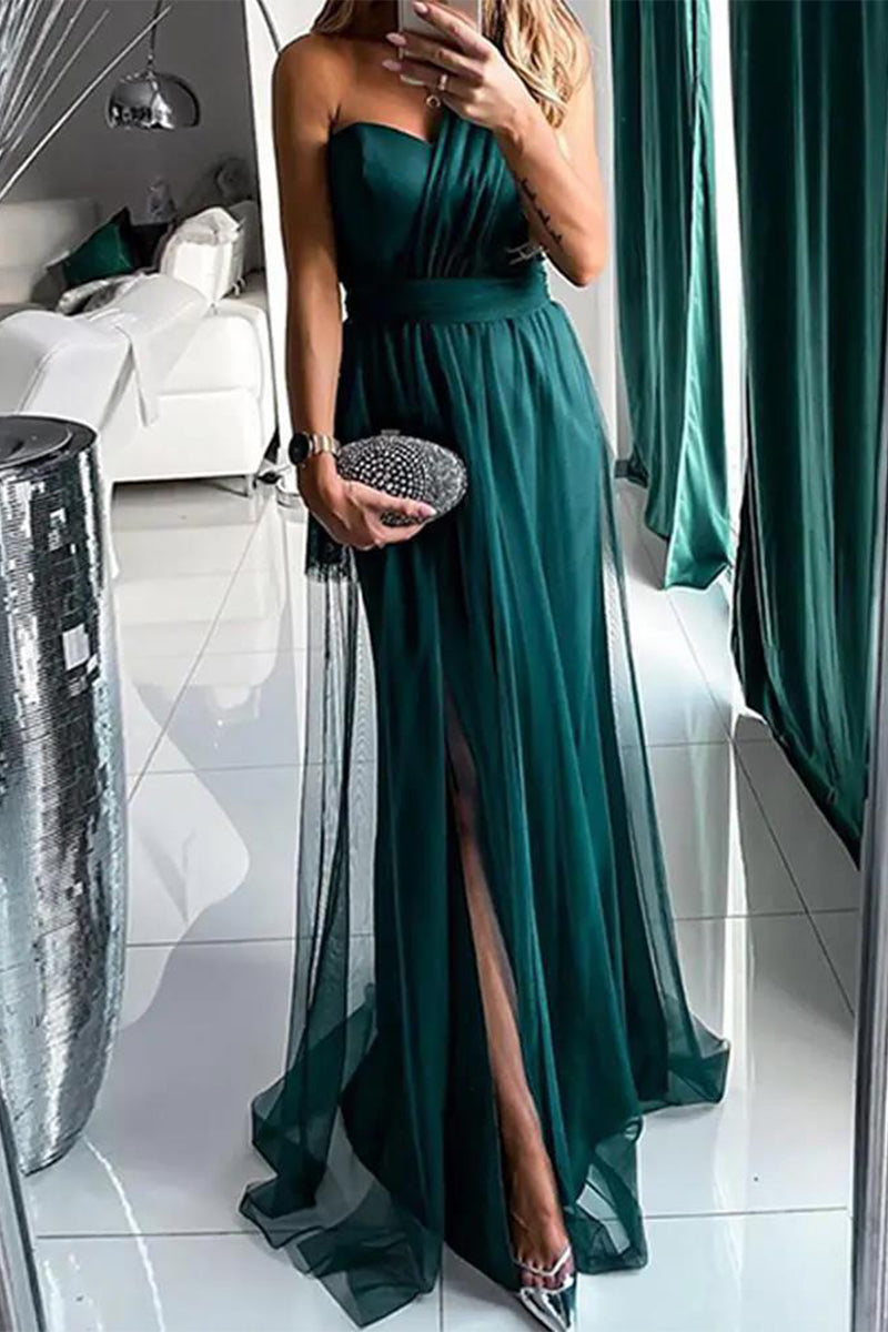 Vestidos de noche sexys con aberturas de malla y hombros caídos para graduación