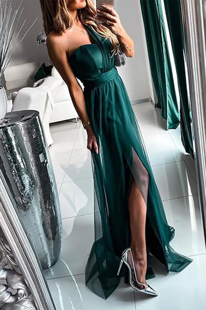 Vestidos de noche sexys con aberturas de malla y hombros caídos para graduación