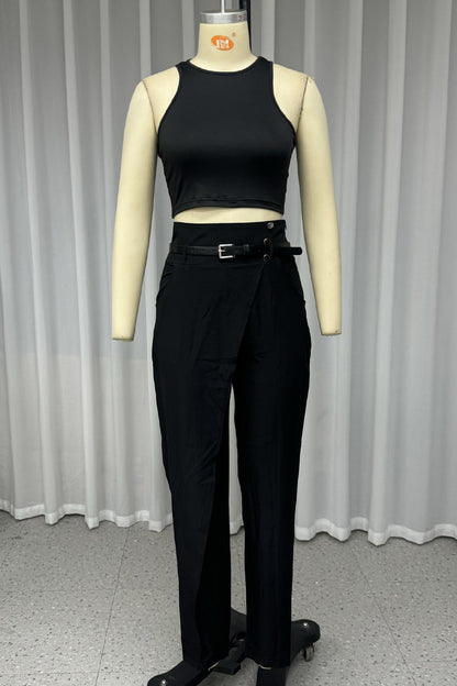 Conjunto informal de dos piezas con bolsillo y cinturón, cuello redondo, sin mangas