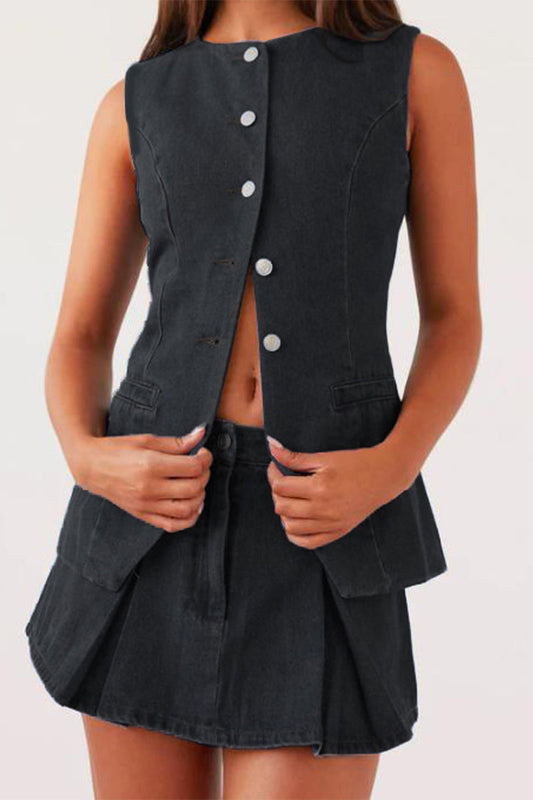 Conjunto informal de dos piezas sin mangas con cuello redondo, botones y ajustable para la calle
