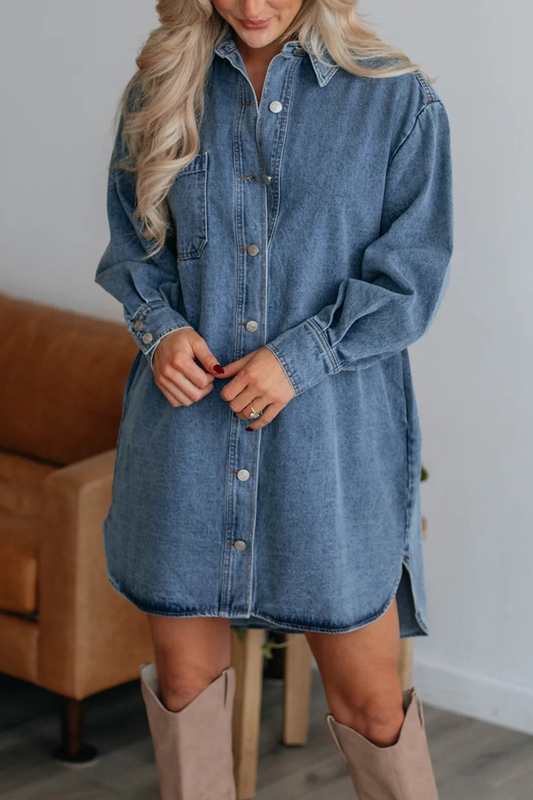 Vestido vaquero holgado informal de calle con botones y bolsillos desgastados, cuello vuelto, manga larga (sin cinturón)