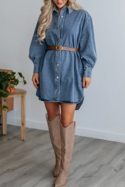 Vestido vaquero holgado informal de calle con botones y bolsillos desgastados, cuello vuelto, manga larga (sin cinturón)