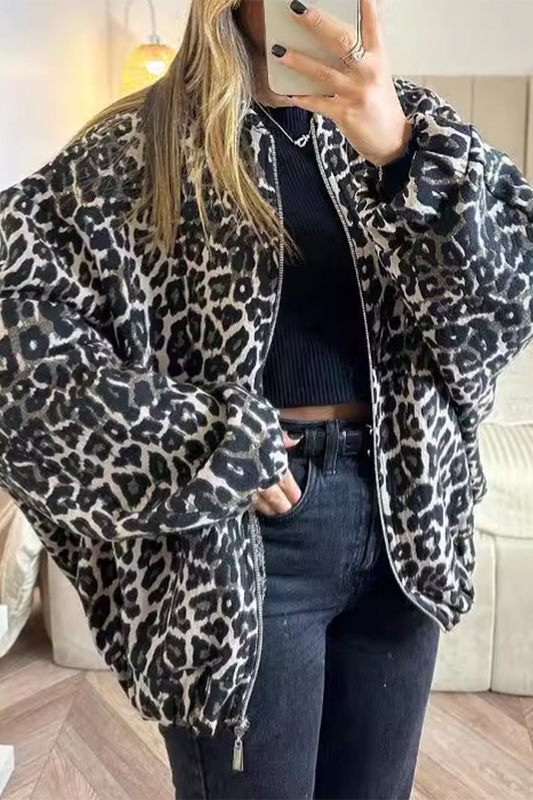 Prendas de abrigo informales de calle con cuello mandarín, cremallera y retazos de leopardo