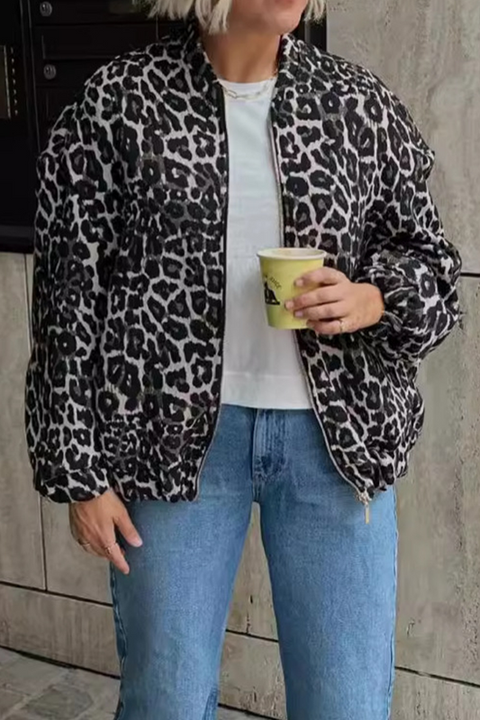 Prendas de abrigo informales de calle con cuello mandarín, cremallera y retazos de leopardo