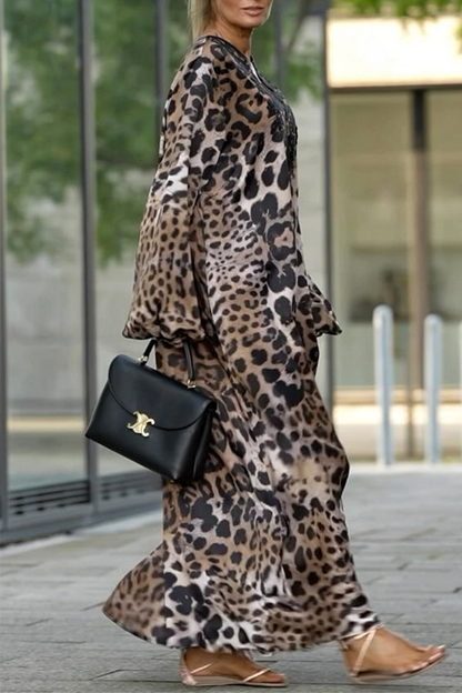 Vestidos largos casuales de calle con estampado de leopardo y cuello en V