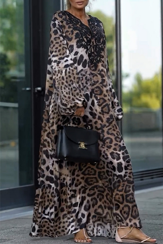 Vestidos largos casuales de calle con cuello en V y estampado de leopardo