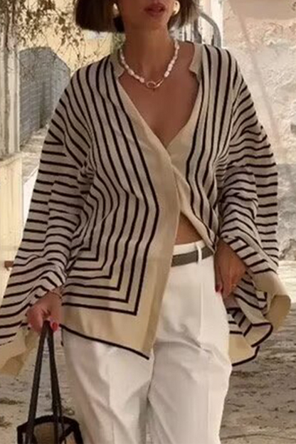 Blusas casuales de rayas con botones, aberturas y cuello redondo en contraste