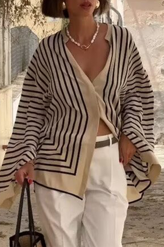 Blusas casuales de rayas con botones, aberturas y cuello redondo en contraste