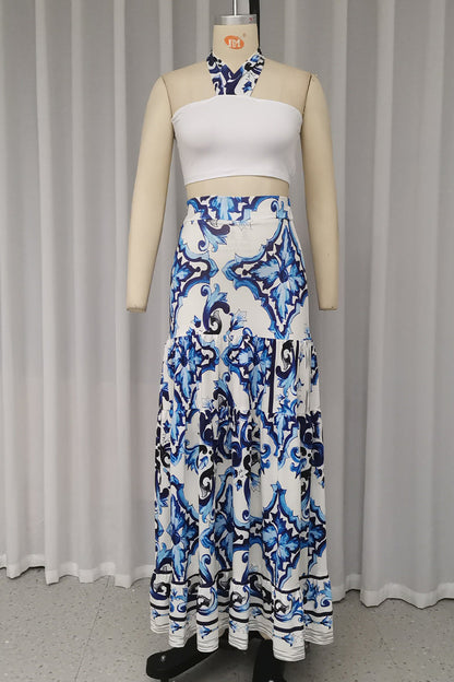 Conjunto informal de vacaciones con estampado floral, cordones, patchwork, volantes, cuello halter, sin mangas, dos piezas