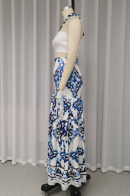 Conjunto informal de vacaciones con estampado floral, cordones, patchwork, volantes, cuello halter, sin mangas, dos piezas