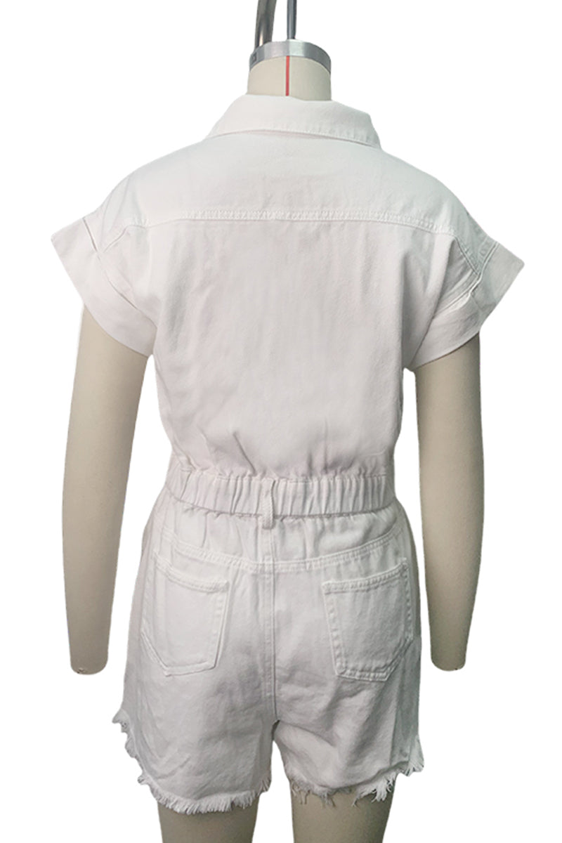 Mono vaquero informal de retazos rotos, cuello vuelto, manga corta, cintura alta (4 colores)
