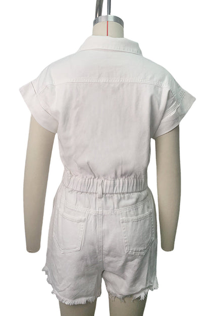Mono vaquero informal de retazos rotos, cuello vuelto, manga corta, cintura alta (4 colores)