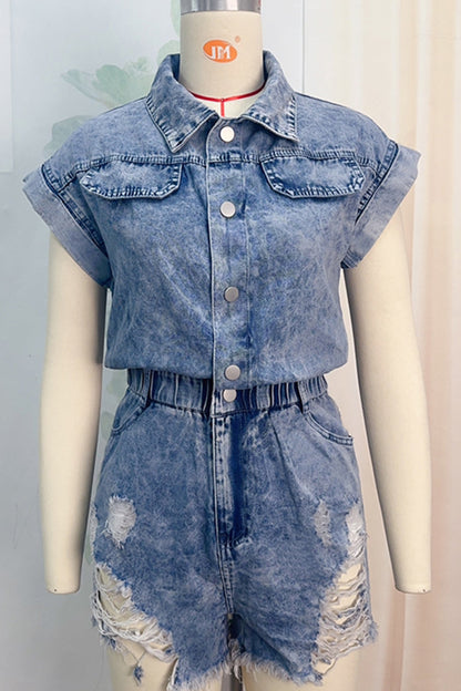 Mono vaquero informal de retazos rotos, cuello vuelto, manga corta, cintura alta (4 colores)