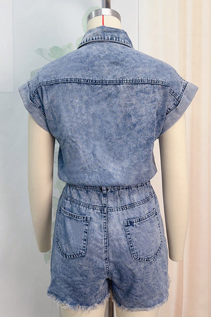 Mono vaquero informal de retazos rotos, cuello vuelto, manga corta, cintura alta (4 colores)