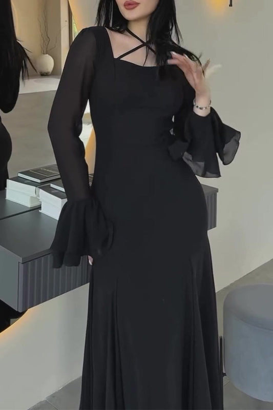 Vestidos largos elegantes de fiesta con volantes, tirantes cruzados, malla fruncida y escote cuadrado
