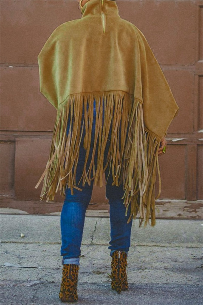 Tops casuales de cuello alto con flecos en color liso (6 colores)