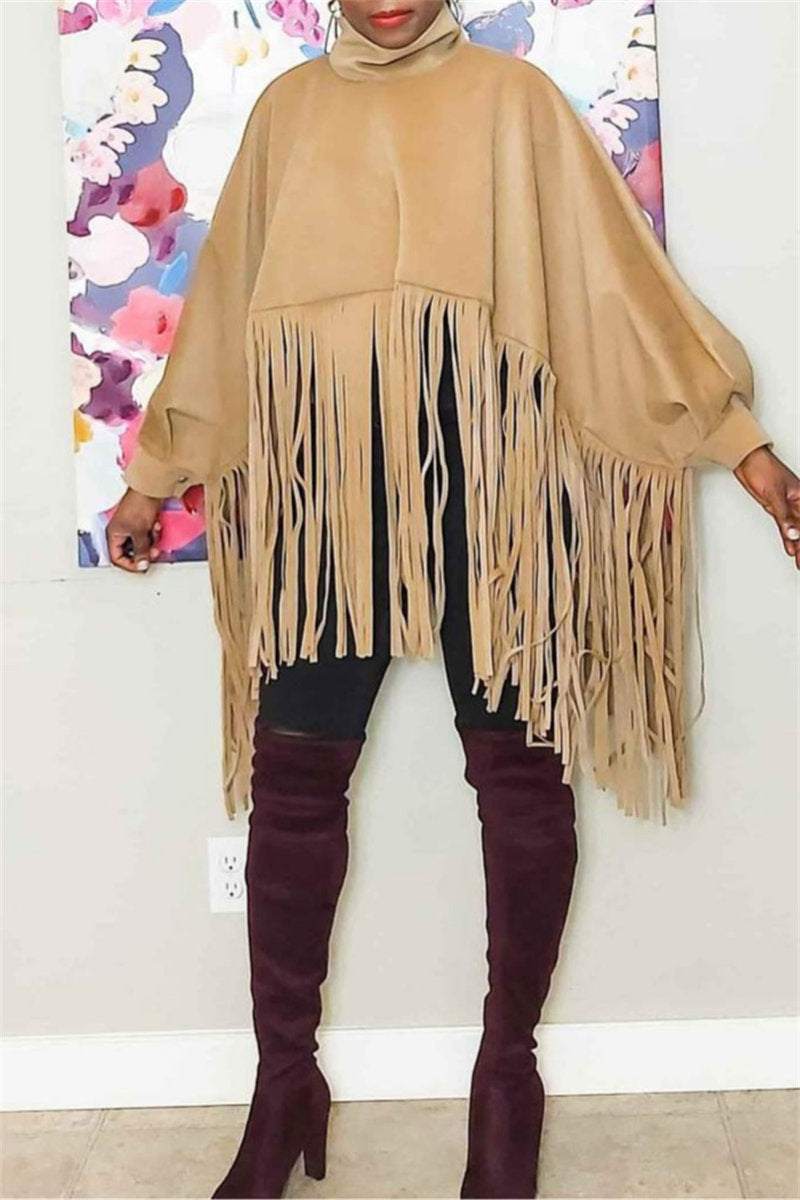 Tops casuales de cuello alto con flecos en color liso (6 colores)