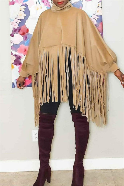 Tops casuales de cuello alto con flecos en color liso (6 colores)
