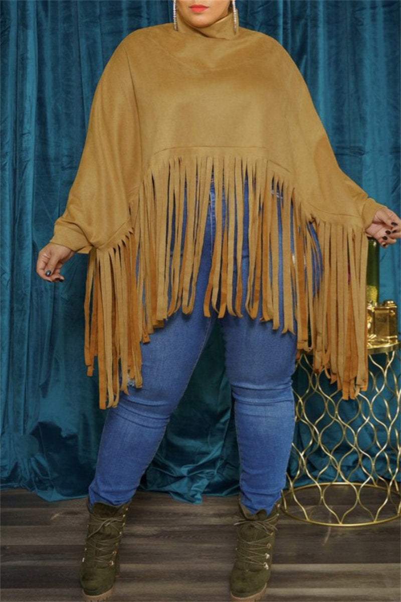 Tops casuales de cuello alto con flecos en color liso (6 colores)