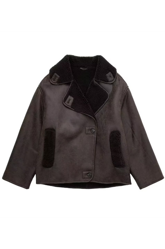 Prendas de abrigo informales de calle con botones y patchwork, cuello vuelto y esponjoso