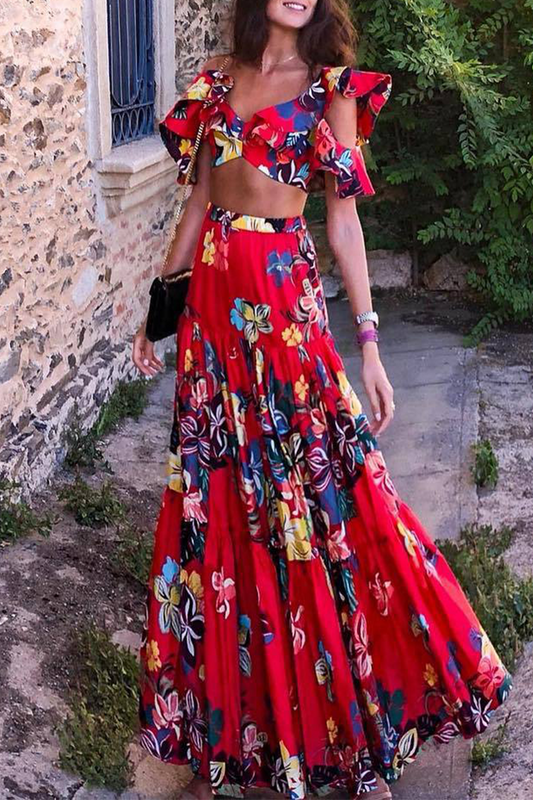 Vestidos largos con cuello en V y volantes con estampado floral sexy para vacaciones