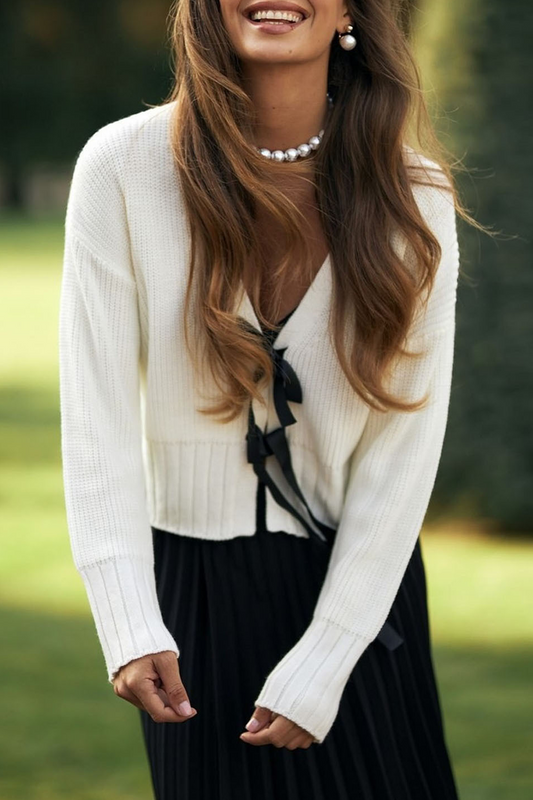 Prenda exterior informal con cuello en V y lazo decorativo (3 colores)