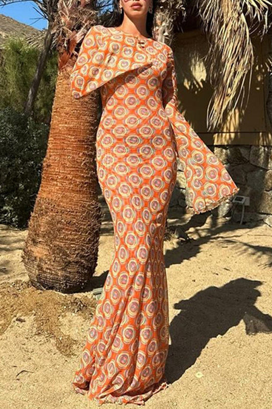 Vestidos largos elegantes con cuello redondo, espalda descubierta y estampado de patchwork