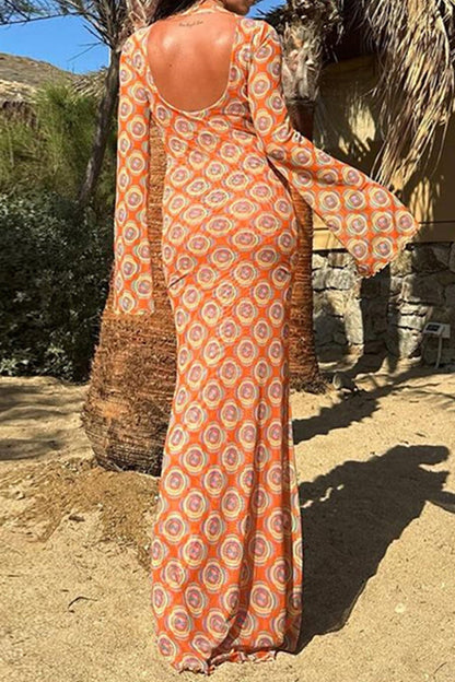 Vestidos largos elegantes con cuello redondo, espalda descubierta y estampado de patchwork